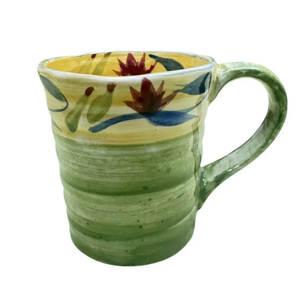 Pier 1 Elizabeth Mug Set of 2 Floral Handpainted Stoneware Green Floral 16 oz